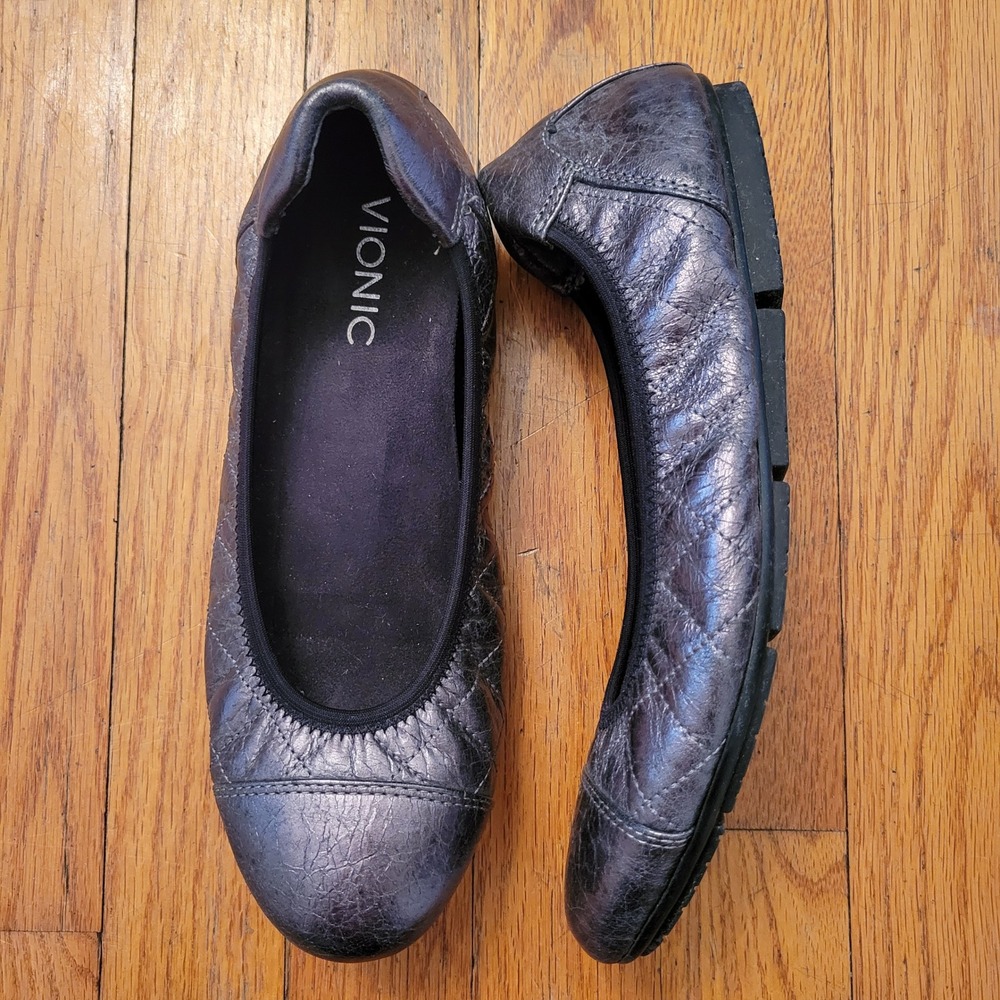 Vionic 7 Gray Quilted Metallic Leather Ballet Foldable Flex Flats 38‎ AVA